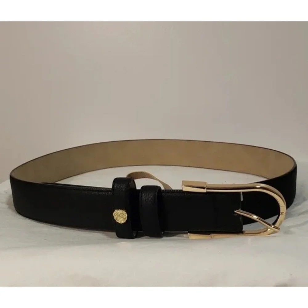 Vince Camuto Black Leather Belt Gold-Tone Hardware Women's Medium‎ Classic Luxe